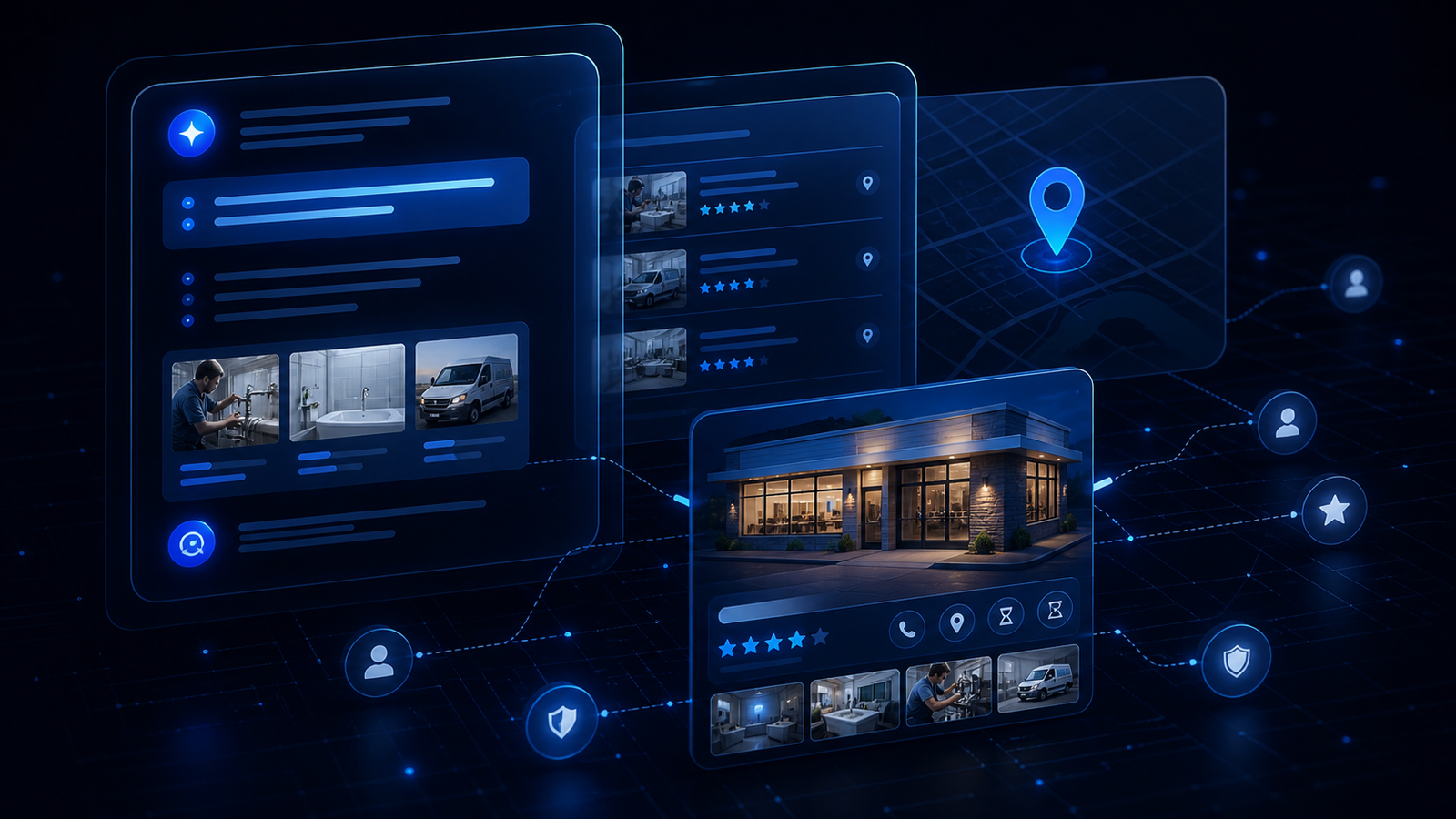 Interface abstrata de busca com IA, mapa local e conexões semânticas em tons de azul