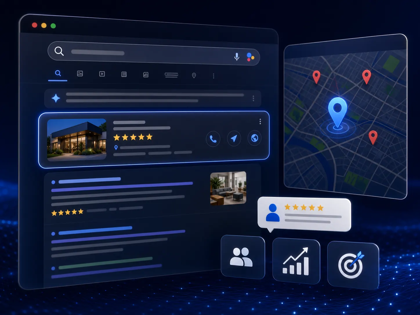 Representação de busca local com avaliações, resultado orgânico e Perfil da Empresa no Google