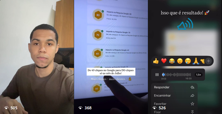 Prévia de stories publicados no Instagram @victorhugoseo mostrando resultados de SEO