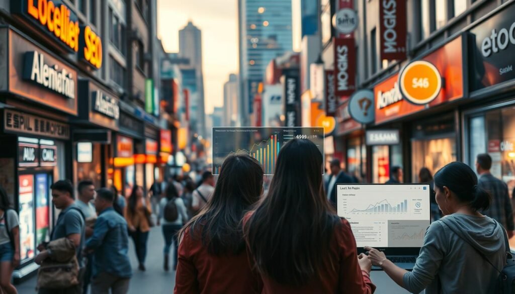 A bustling local business district, with vibrant storefronts and bustling pedestrians. In the foreground, a group of entrepreneurs huddle over laptops, discussing local SEO strategies. Backlit by the warm glow of street lamps, the scene conveys a sense of collaboration and innovation. In the middle ground, a digital display showcases analytics and search rankings, while the background features a cityscape of modern buildings and infrastructure, hinting at the importance of local visibility in the digital age. The image should evoke a mood of energy, problem-solving, and a focus on leveraging local assets for online success. A bustling local business district, with vibrant storefronts and bustling pedestrians. In the foreground, a group of entrepreneurs huddle over laptops, discussing local SEO strategies. Backlit by the warm glow of street lamps, the scene conveys a sense of collaboration and innovation. In the middle ground, a digital display showcases analytics and search rankings, while the background features a cityscape of modern buildings and infrastructure, hinting at the importance of local visibility in the digital age. The image should evoke a mood of energy, problem-solving, and a focus on leveraging local assets for online success.