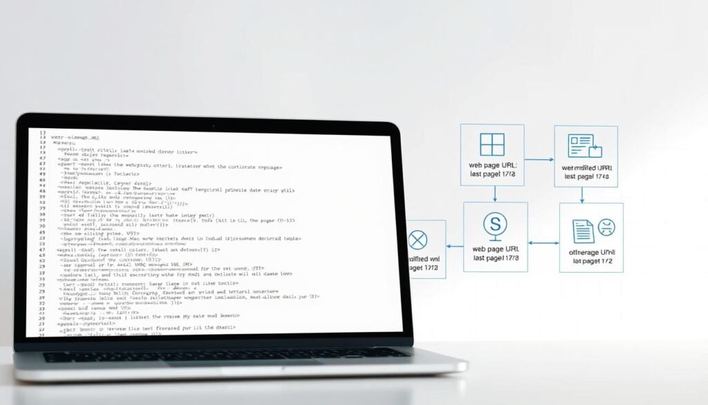 A detailed technical diagram depicting the creation of a sitemap.xml file. Set against a clean, minimalist background, the foreground shows a laptop screen displaying the sitemap.xml code in a code editor, with various HTML tags and attributes visible. In the middle ground, a series of icons and infographic elements illustrate the key components and purpose of a sitemap.xml, such as web page URLs, last modified dates, and change frequencies. The background features a subtle grid pattern, conveying a sense of structure and organization. The lighting is soft and diffused, creating a calm, professional atmosphere suitable for an educational article on SEO best practices. A detailed technical diagram depicting the creation of a sitemap.xml file. Set against a clean, minimalist background, the foreground shows a laptop screen displaying the sitemap.xml code in a code editor, with various HTML tags and attributes visible. In the middle ground, a series of icons and infographic elements illustrate the key components and purpose of a sitemap.xml, such as web page URLs, last modified dates, and change frequencies. The background features a subtle grid pattern, conveying a sense of structure and organization. The lighting is soft and diffused, creating a calm, professional atmosphere suitable for an educational article on SEO best practices.