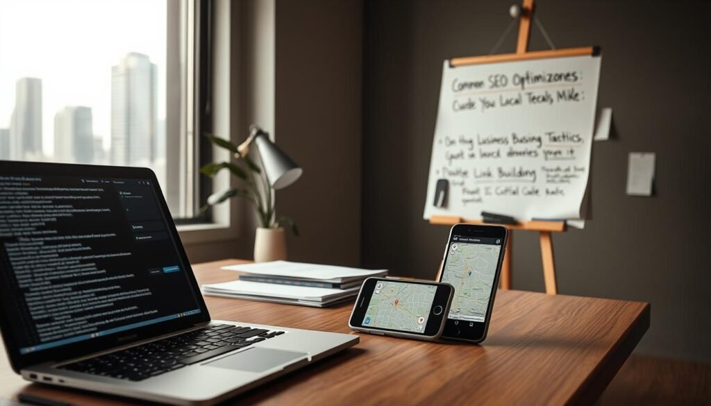 A modern office workspace with common SEO local optimization errors prominently displayed. In the foreground, a laptop screen shows a jumble of keywords and metadata, reflecting poor on-page optimization. On the desk, a mobile phone displays a map with incorrect or missing business location details. In the middle ground, a cluttered whiteboard has scribbled notes about outdated link building tactics and citation inconsistencies. The background features a window overlooking a city skyline, hinting at the importance of local search visibility. Soft, warm lighting sets a contemplative mood, inviting the viewer to reflect on improving local SEO practices. A modern office workspace with common SEO local optimization errors prominently displayed. In the foreground, a laptop screen shows a jumble of keywords and metadata, reflecting poor on-page optimization. On the desk, a mobile phone displays a map with incorrect or missing business location details. In the middle ground, a cluttered whiteboard has scribbled notes about outdated link building tactics and citation inconsistencies. The background features a window overlooking a city skyline, hinting at the importance of local search visibility. Soft, warm lighting sets a contemplative mood, inviting the viewer to reflect on improving local SEO practices.