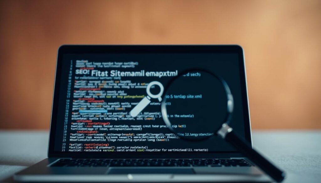 A serene, minimalistic scene depicting the importance of a sitemap.xml file for Search Engine Optimization (SEO). In the foreground, a laptop screen displaying the sitemap.xml code, with various tags and elements neatly organized. The middle ground features a stylized magnifying glass, symbolizing the search engine's crawling and indexing process. In the background, a soft, blurred gradient of warm, earthy tones, conveying a sense of focus and clarity. The lighting is soft and diffused, creating a calming, professional atmosphere. The composition and angles are designed to emphasize the significance of the sitemap.xml file in the SEO landscape. A serene, minimalistic scene depicting the importance of a sitemap.xml file for Search Engine Optimization (SEO). In the foreground, a laptop screen displaying the sitemap.xml code, with various tags and elements neatly organized. The middle ground features a stylized magnifying glass, symbolizing the search engine's crawling and indexing process. In the background, a soft, blurred gradient of warm, earthy tones, conveying a sense of focus and clarity. The lighting is soft and diffused, creating a calming, professional atmosphere. The composition and angles are designed to emphasize the significance of the sitemap.xml file in the SEO landscape.