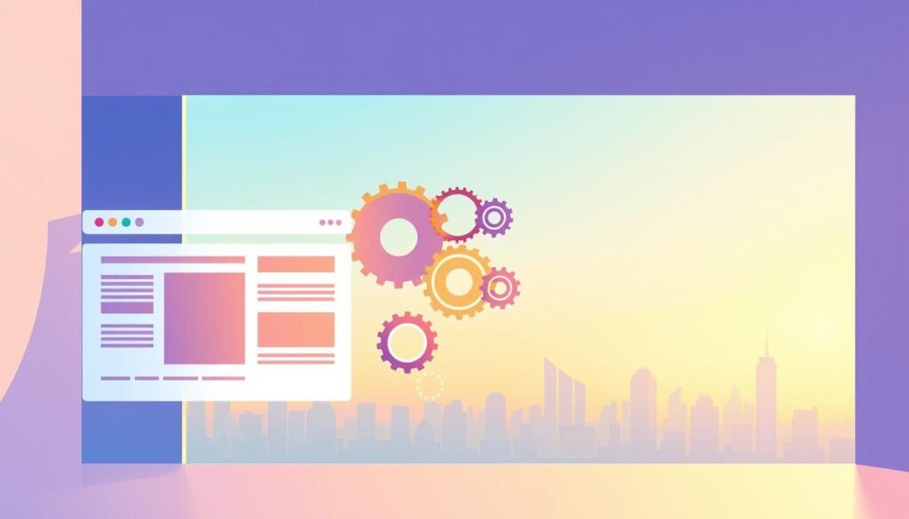 A vibrant, minimalist architectural illustration depicting the structure and interconnected elements of a website, showcasing how search engine optimization (SEO) principles are seamlessly integrated. In the foreground, a sleek, modern website layout with clean lines and intuitive navigation, symbolizing a well-designed user experience. In the middle ground, interconnected gears and cogs representing the technical components that optimize the site for search engines, such as metadata, content structure, and site speed. The background features a serene, geometric cityscape, hinting at the importance of a strong online presence in the digital landscape. The scene is illuminated by a warm, natural lighting, conveying a sense of harmony and balance between design and functionality.